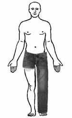 figure wearing jeans with right leg cut off
